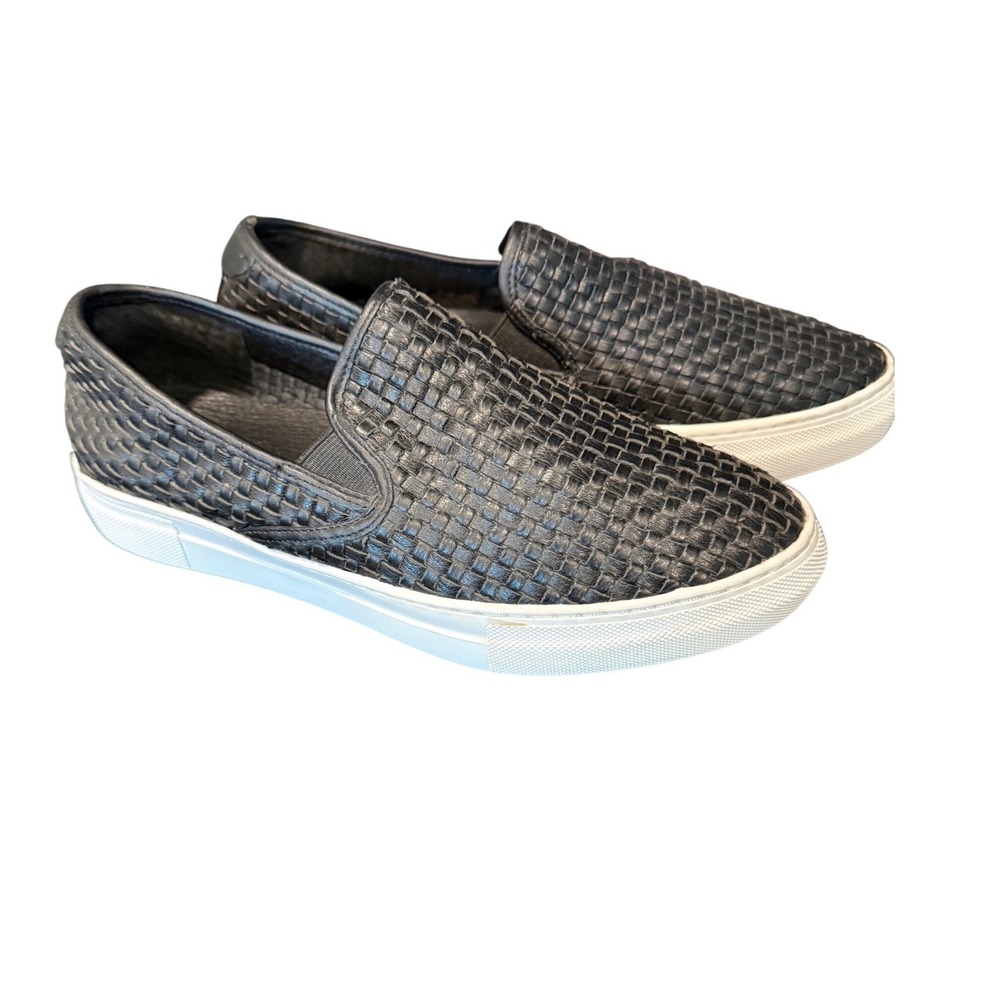 J/Slides Women Black Woven Leather Slip On Platform Sneakers Shoes Size 7